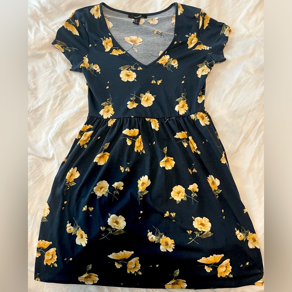 Forever 21 Blue and Yellow Floral Soft Knit Skater Dress